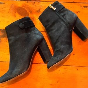 Ann Taylor black suede heeled booties.